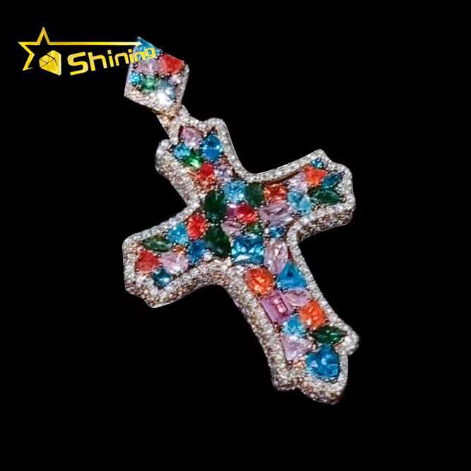 Charm Hip Hop Jewelry 925 Sterling Silver Prong-Set Multi-Gems VVS Moissanite Color Diamond Iced Out Custom Cross Pendants