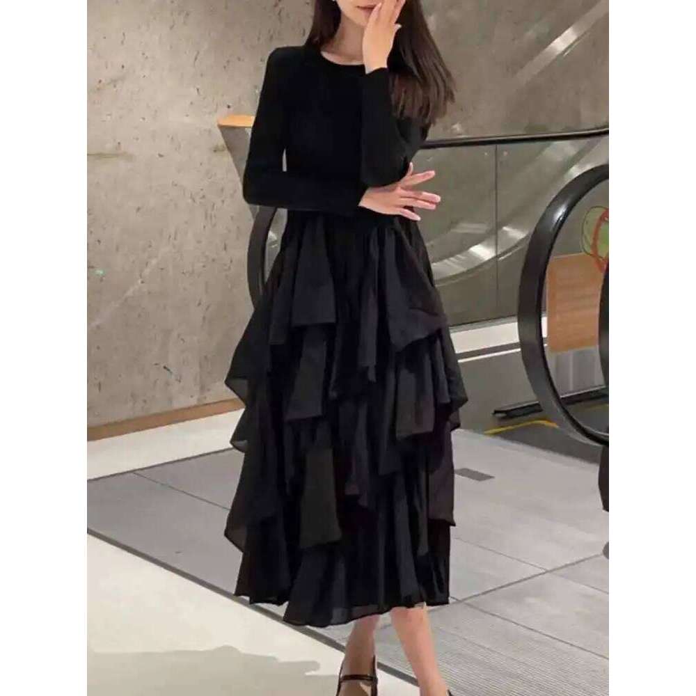LANMREM Elegant Pleated Dress For Women Round Neck Long Sleeves Ruffles A-Line Dresses Fashion 2025 Spring New 32C2026