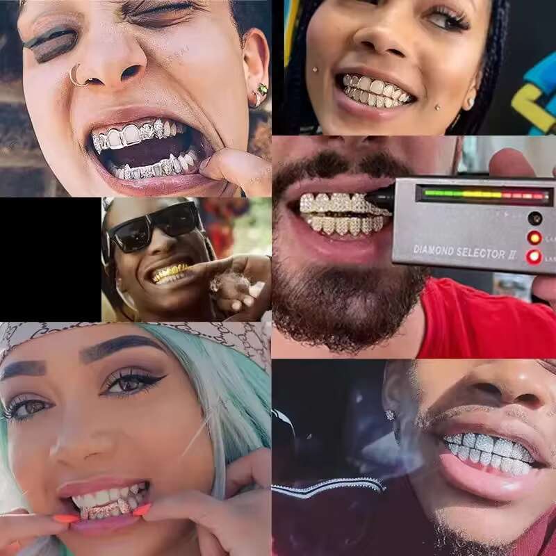 Unique Personality HIPHOP Grills Micro-Inlaid Full Diamond Moissanite Drill Braces Full Gem Suit with Teeth for Jewelry