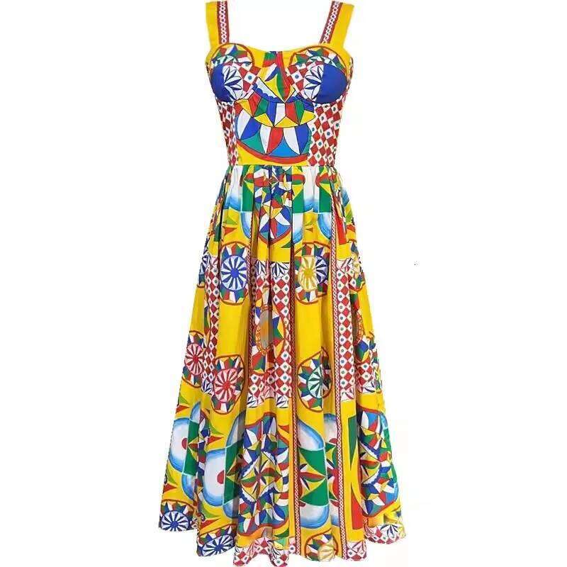 Summer Holiday Spaghetti Strap Long Dress Women's Padded Cup Colorblock Print Zipper Elastic Backless Beach Midi Vestidos
