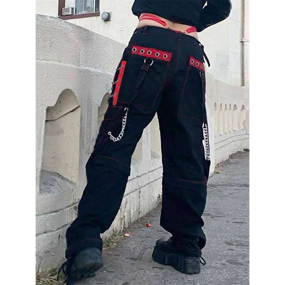 CHRONSTYLE Fashion Women Low Waist Baggy Rock Style Wide Leg Cargo Pants Washed Jeans With Flap Pockets Club Streetwear