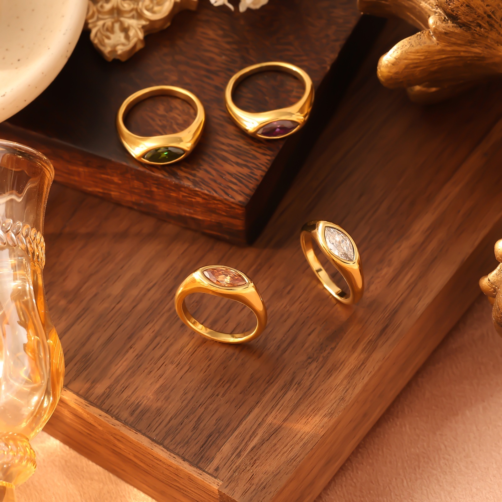 Cold Internet Celebrity Same Style Jewelry for Women Stainless Steel Electroplated Gold Color Zircon Round Ring