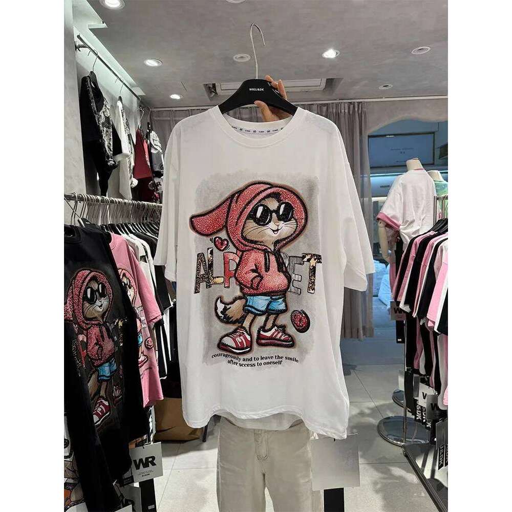 Oversized Rhinestone Rabbit mid-length half-sleeved top 100% cotton women's short-sleeved T-shirt