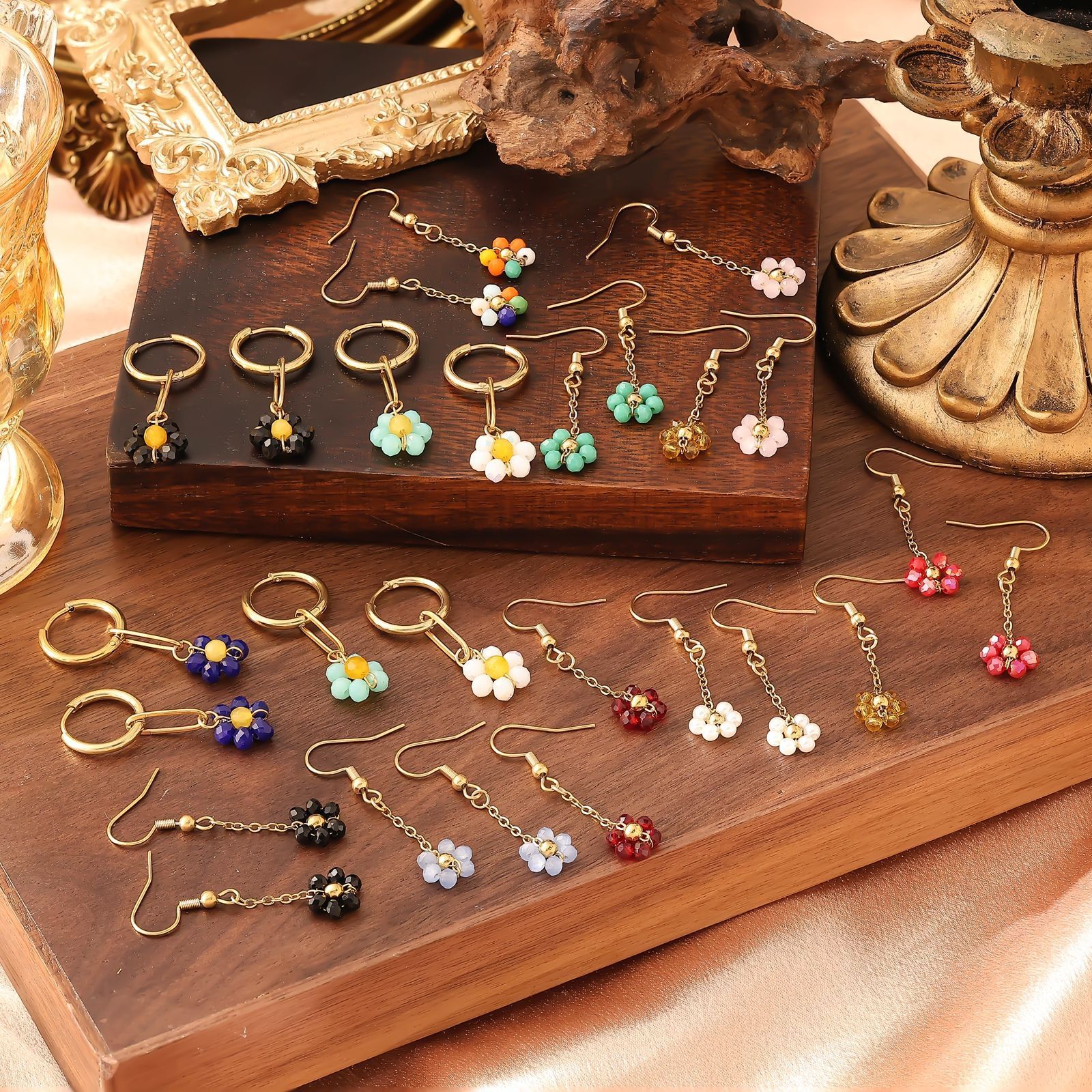 Seed Bead Flower Cat Paw Earring Set for Women Trendy Personality Heart Ear Clip Jewelry