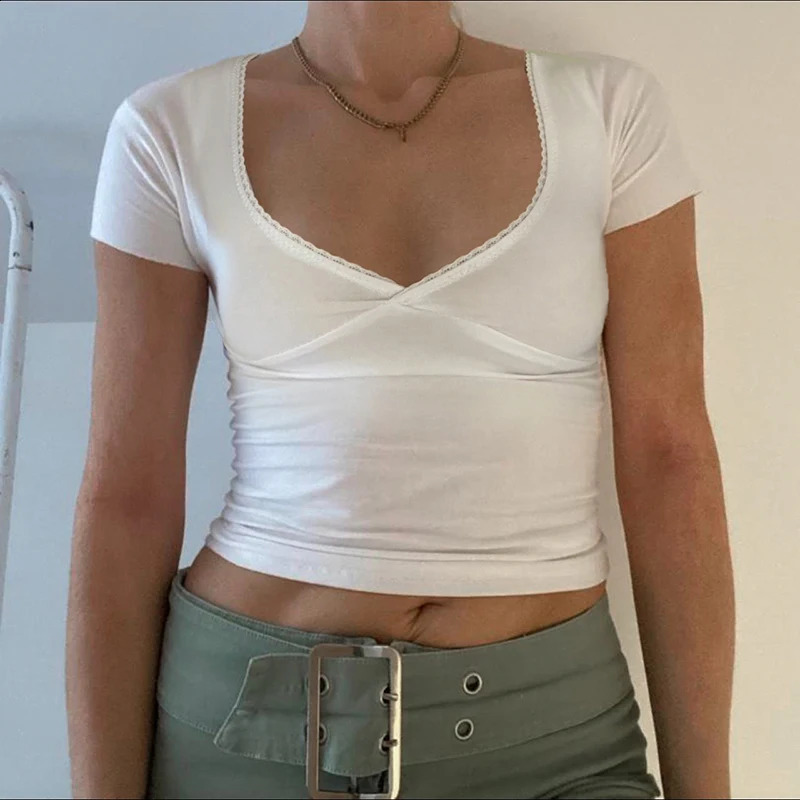 CIBBAR Women Basic Solid Skinny T-shirt Streetwear Y2k Casual V Neck Short Sleeve Crop Top Summer Streetwear Tees 2024 Harajuku 250521