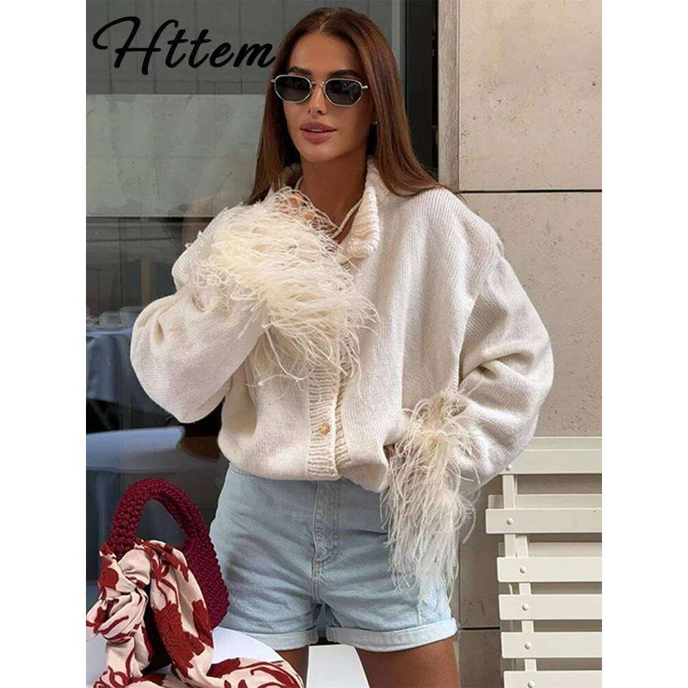 Casual Feather Knitted Cardigan Women Loose Long Sleeve Single Breasted Patchwork Sweater 2024 Fall Lady Street Knitwear