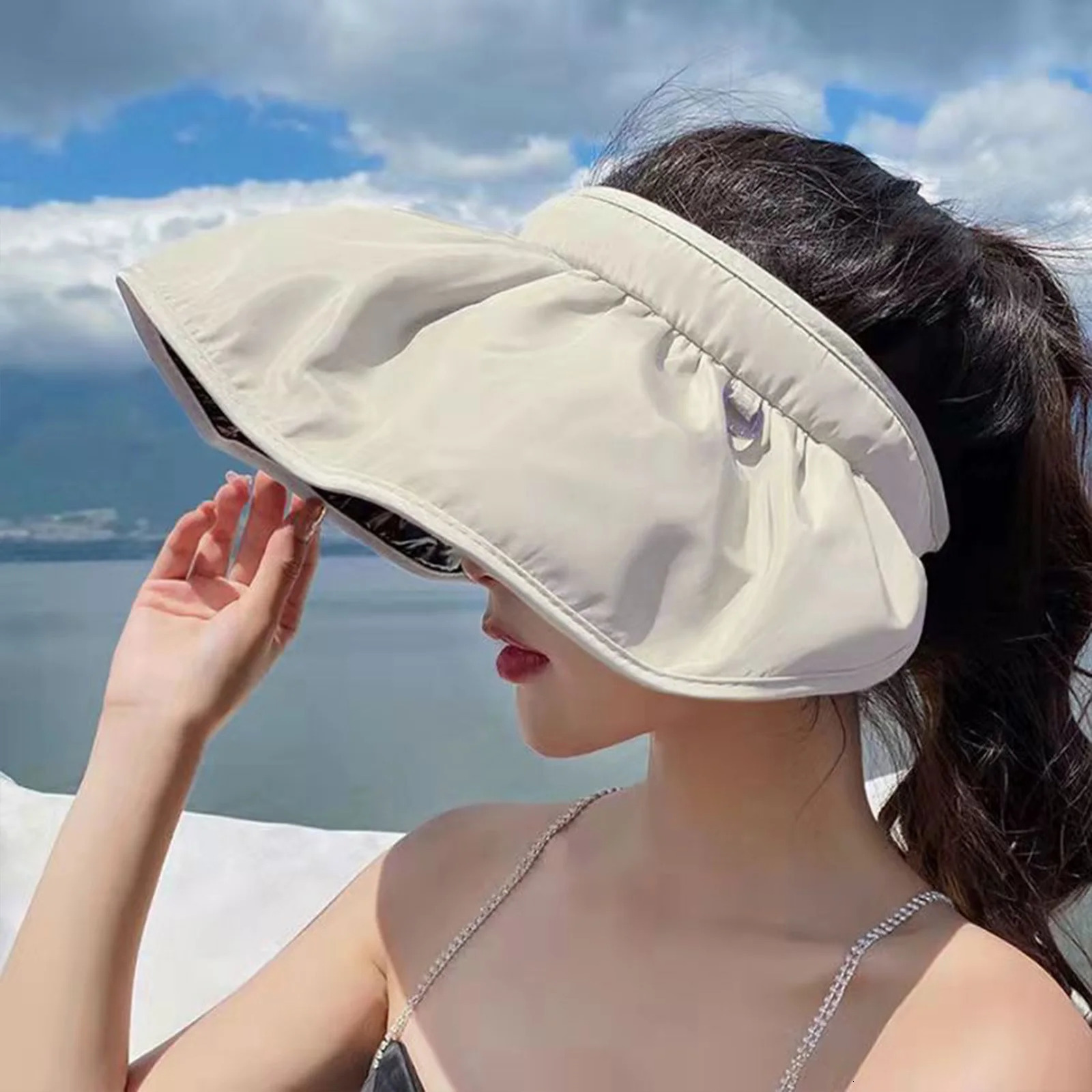 Korean Summer Dual-use Headband Sun Hat Women Hollow Top Outdoor Travel Cap Uv Sea Beach Hat Wide Brim Visor Hat Adjustable Size 250530