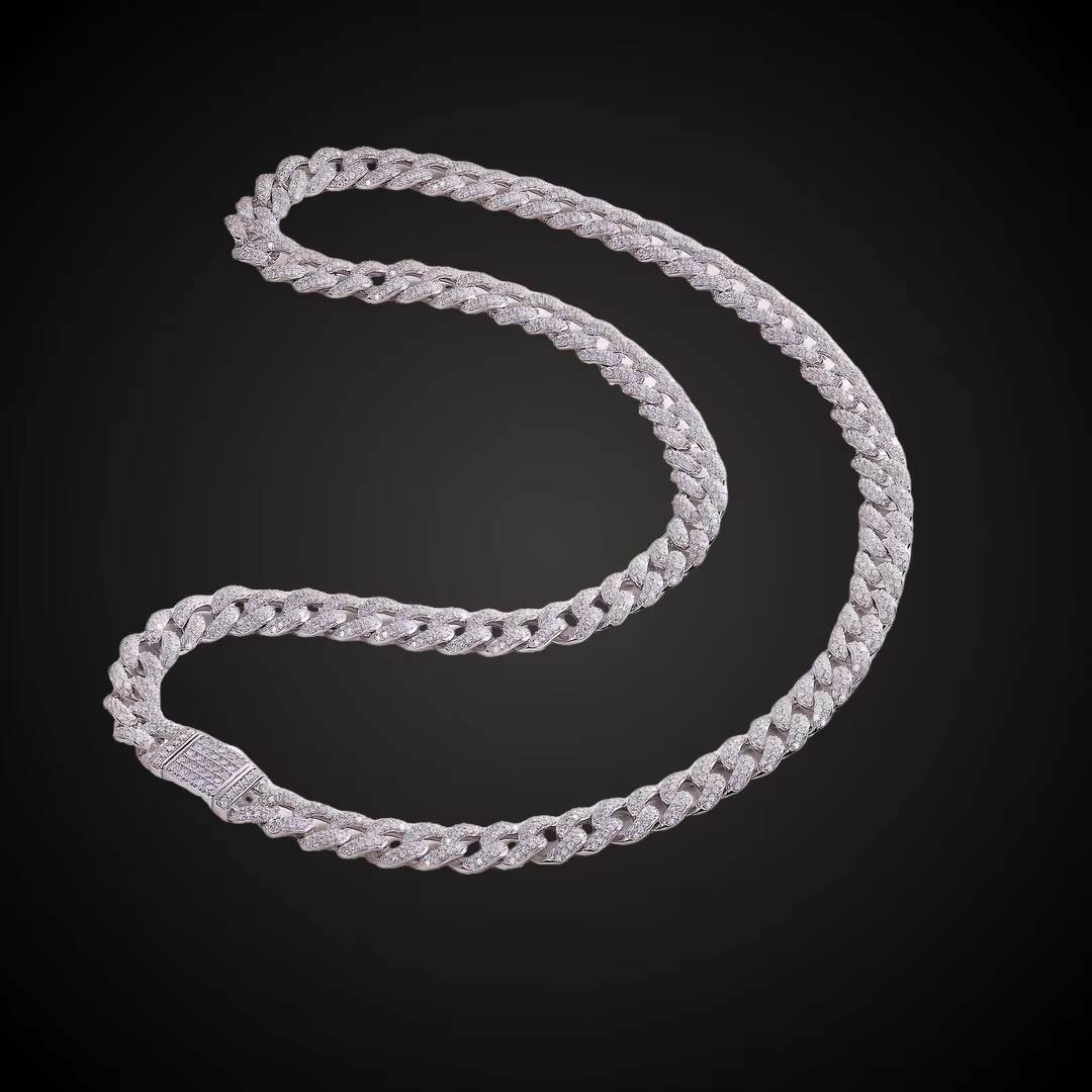 Pure Sier Chrysoprase Iced Out Cuban Chain Necklace Bracelet for Men and Women Platinum Plated VVS D Color Hip Hop