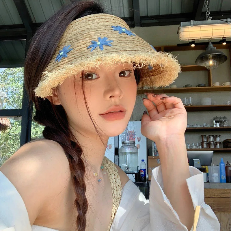 Color Wood Beads Straw Hat Large Brim UV Protect Sunshade Hat UPF 50 Sun Protection Sun Cap 250530