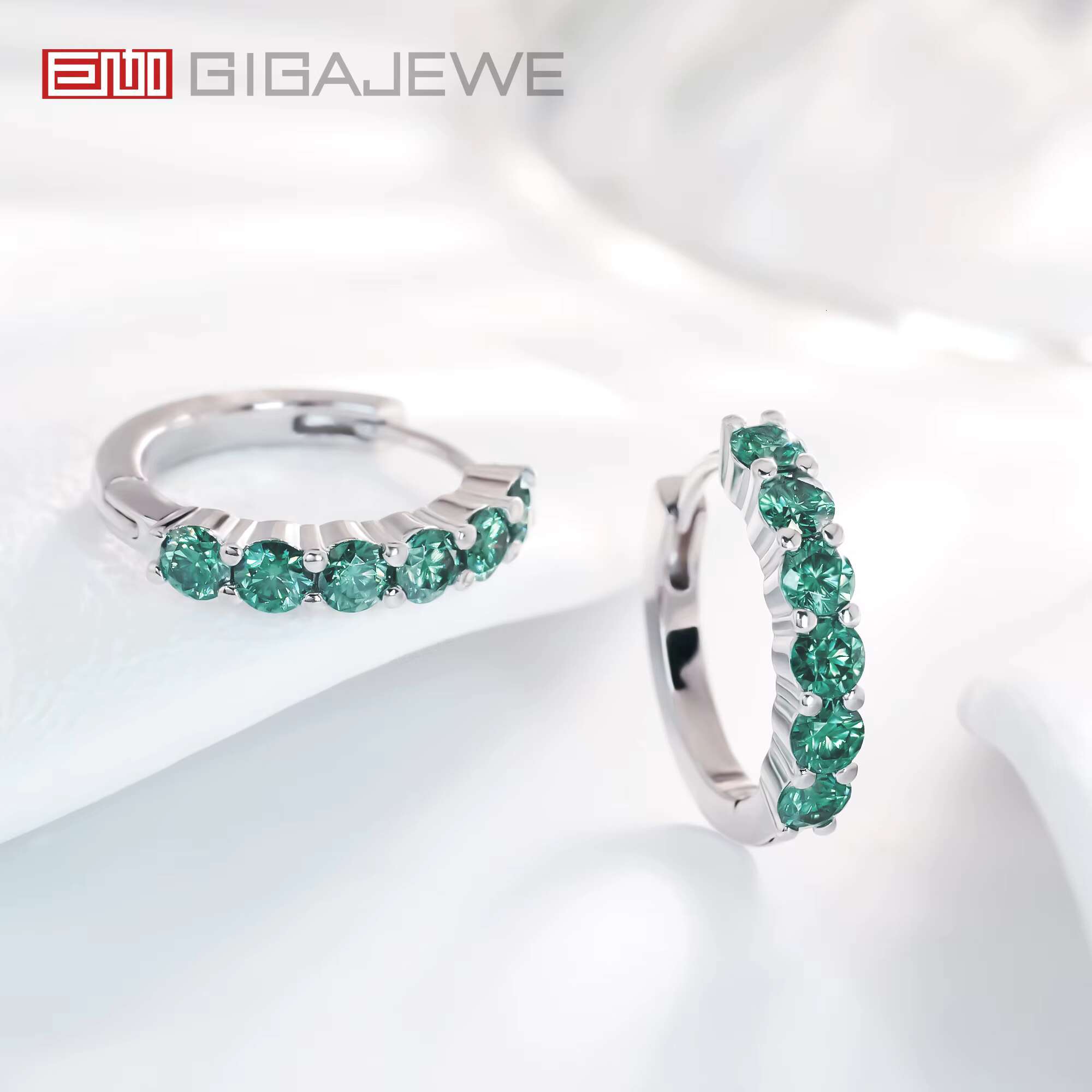 GIGAJEWE Total 1.2ct White/ Blue/ Green Color Moissanite Silver 925 Plated White 18k Gold Hoop Earrings