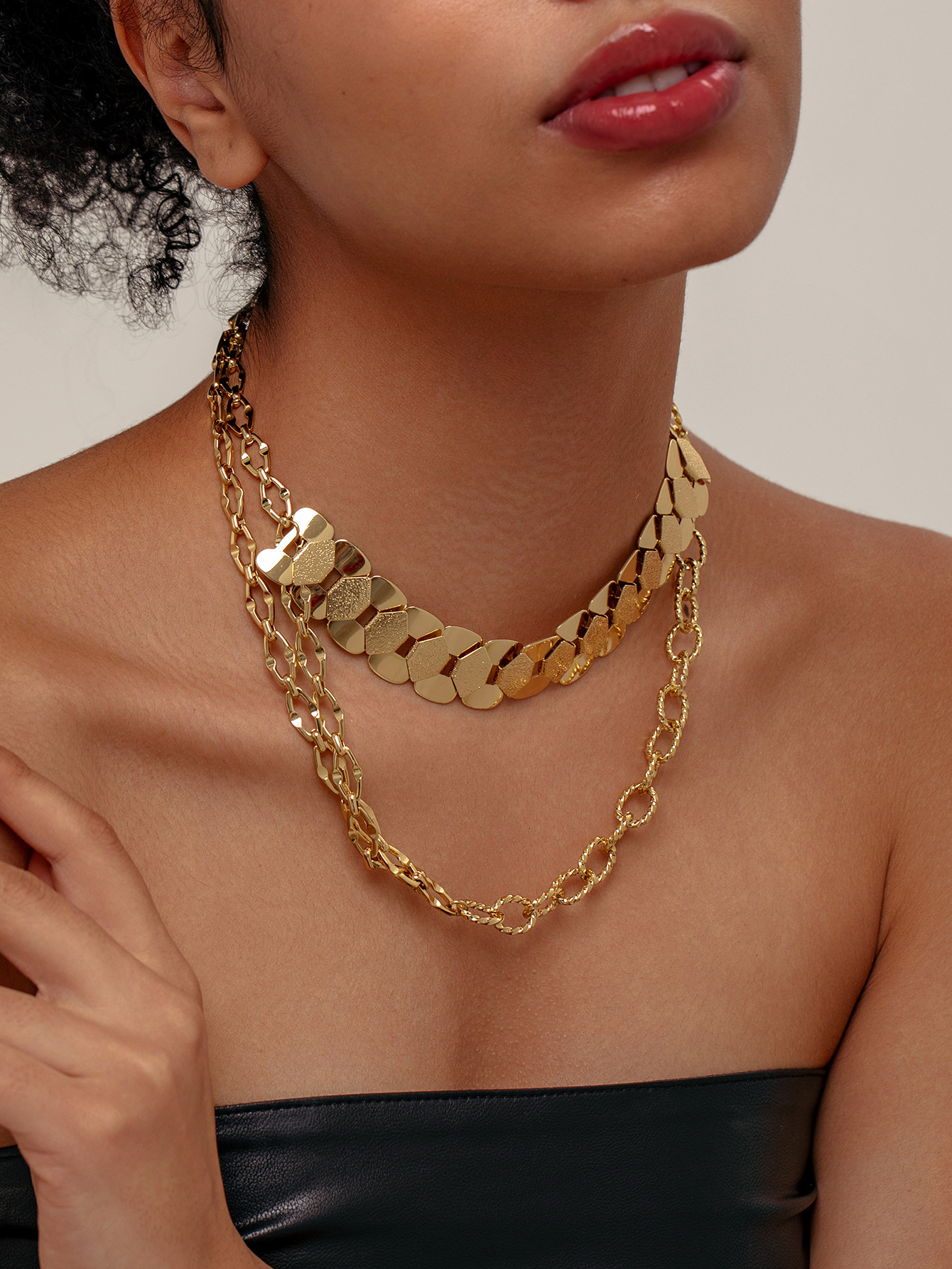 Style Geometric Patchwork Thick Bracelet Necklace Gold-Plated Titanium Steel Non-Fading Exaggerated Set