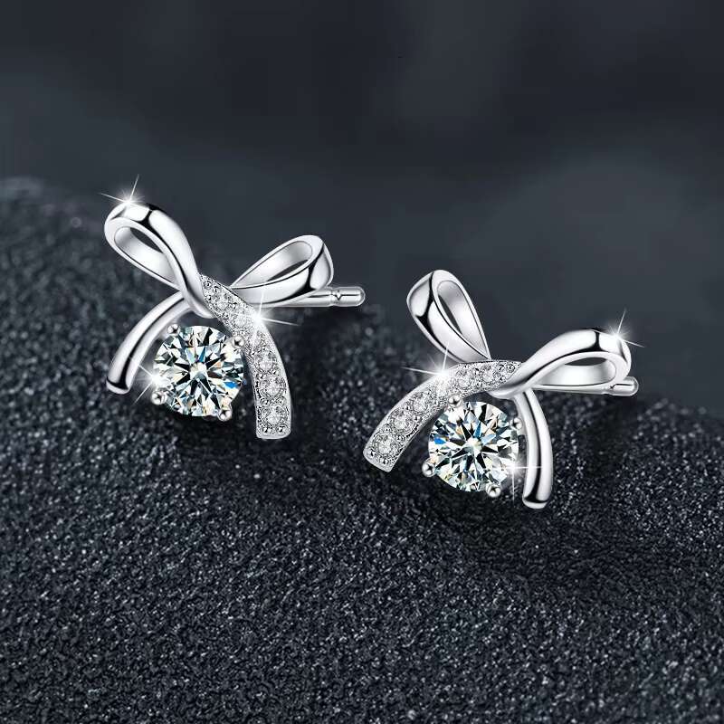 Mosang Womens S925 Sterling Silver Bow Earrings Light Luxury All-Match Korean Style Factory Direct Supply Moissanite Jewelry
