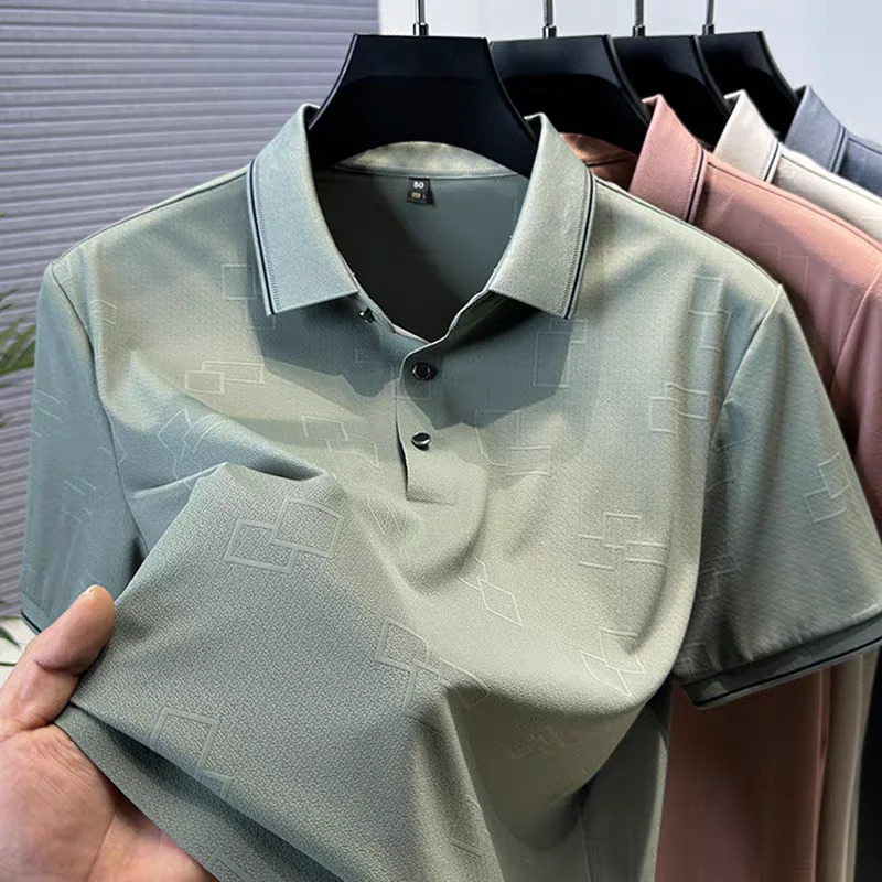 Personality checkered jacquard mens short sleeve polo shirt high-quality ice silk breathable cool summer solid color T-shirt 250526