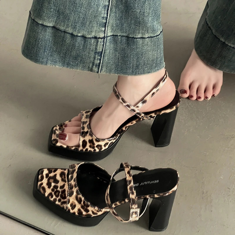 Sexy Thick Heel Leopard Women Sandals Fashion Party Dress Singbacks Pumps Summer Womens Shoes 250528