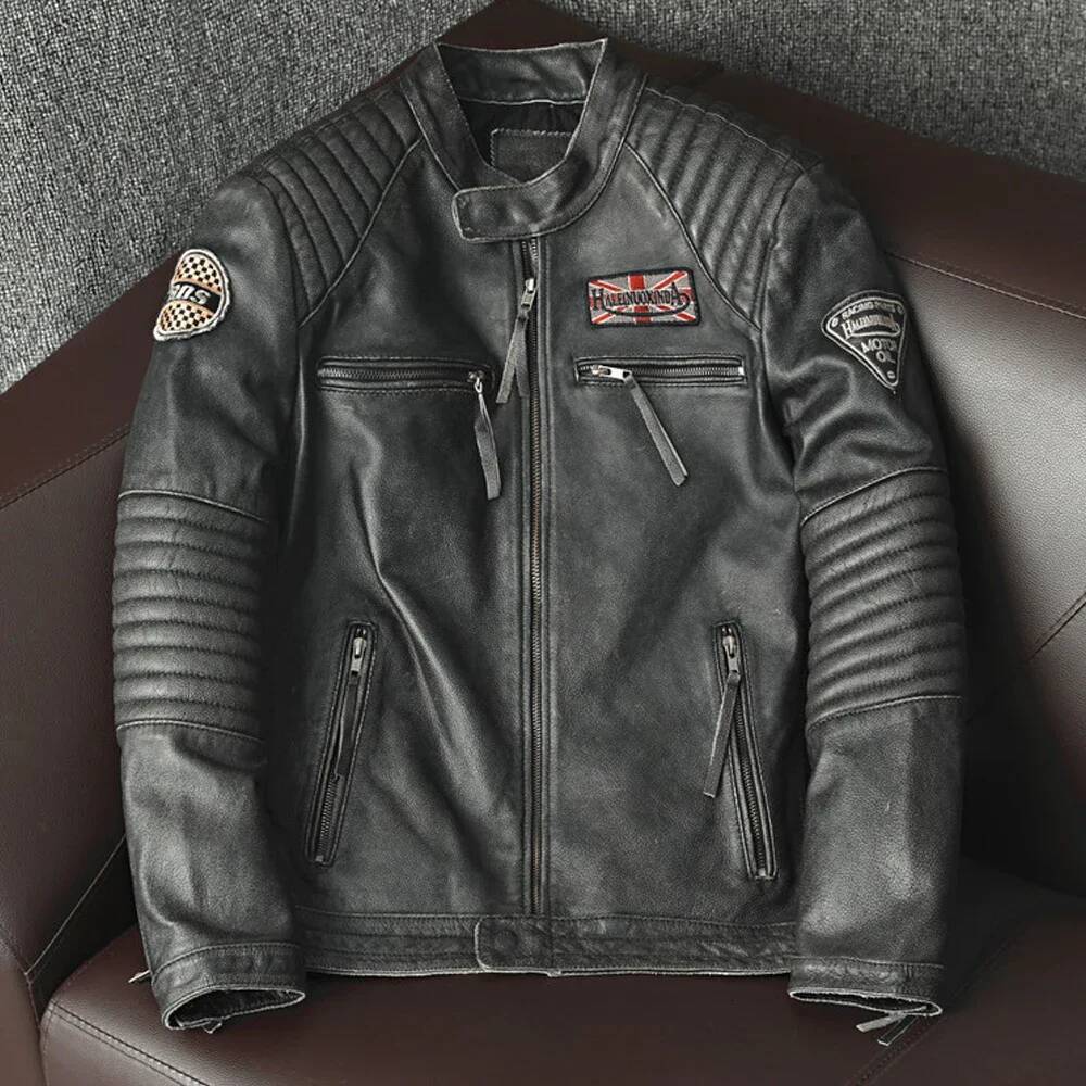 2025 Slim Biker Vintage Gray Spring Autumn Cowhide Coats Motorcycle Genuine Leather Jacket For Men Style Plus Size