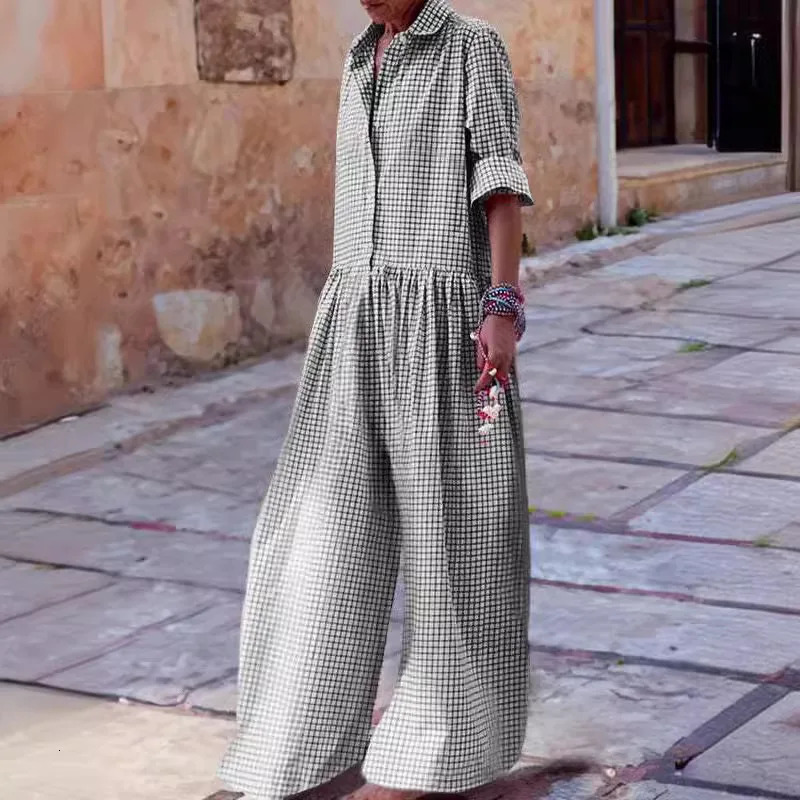 Loose Casual Plaid Print Jumpsuit Fashion Lapel Single Breasted Half Sleeved Wide Leg Jumpsuit Spring Summer Fashion Lady 250528