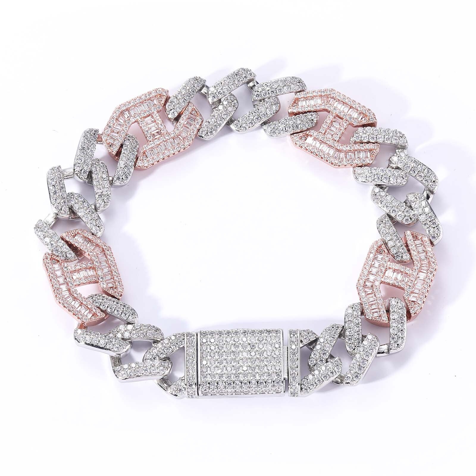 Bracelet hip hop two color rose gold 15mm wide three to one flip buckle strip CUBAN CHAIN mens Bracelet moissanite