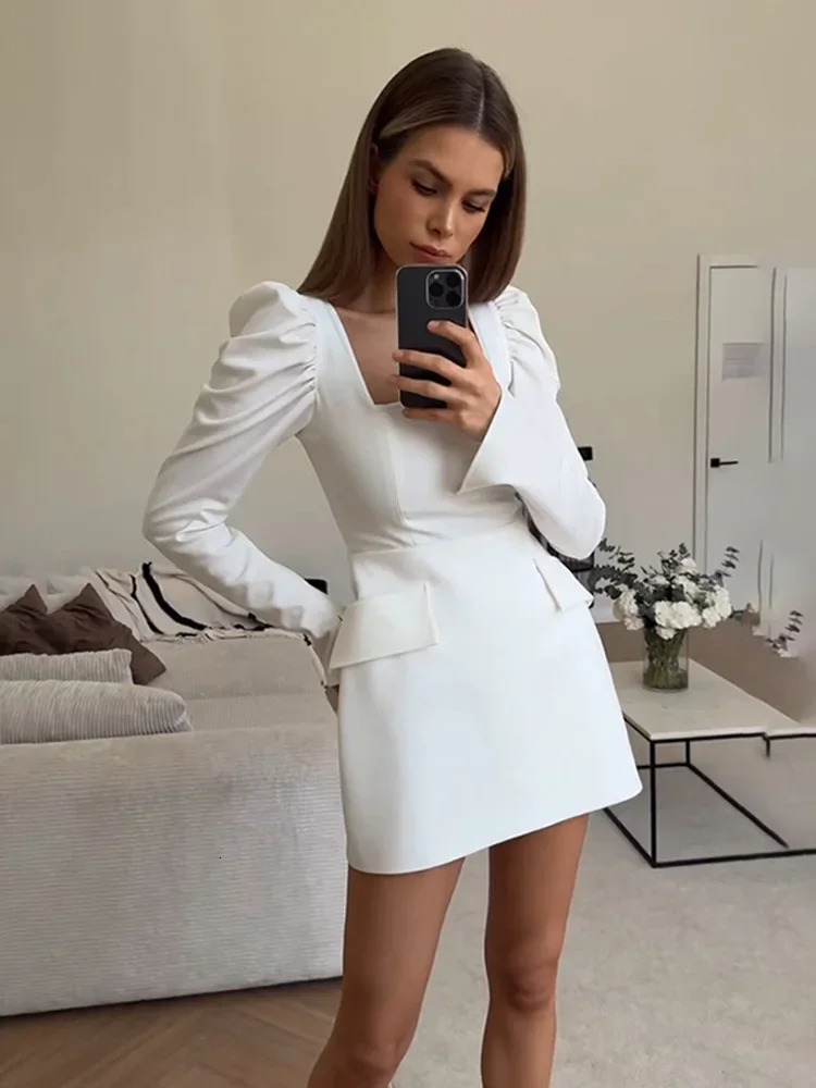 Mini Abito A Maniche Lunghe Del Colletto Taruxy Square Per Donne Arricciate Elegant Bodycon Office Outfits Abito Splice Sprice Sprice 250530-image