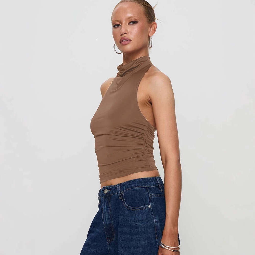 2025 Backless Solid Color Tank Y2K Half High Neck Ruched Halter Women's Sleeveless Top