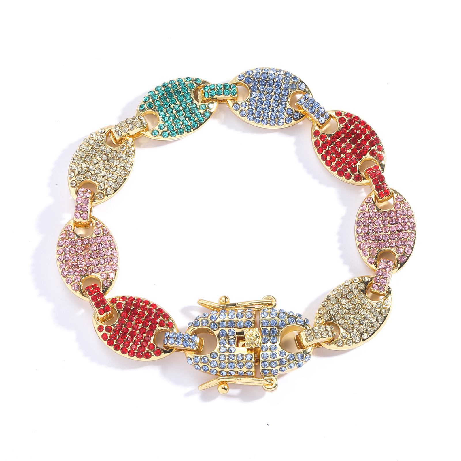 Bracelet male hip hop 12mm pig nose chain color diamond coffee bean Bracelet hip hop accessories moissanite