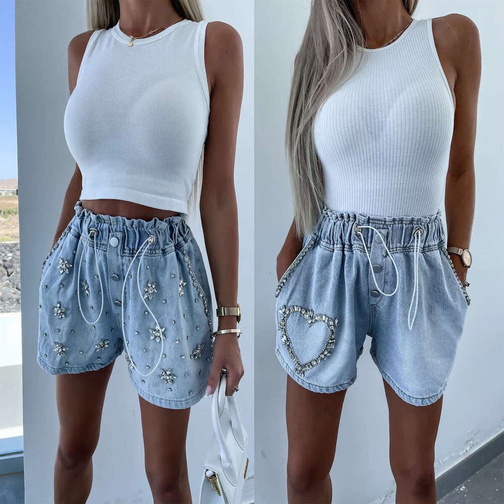 Denim Shorts Jeans Shorts Summer Autumn Fashion Casual Elastic Waist Handmade Rhinestone Decorated Elegant Women S Denim Shorts Ripped Short Jeans