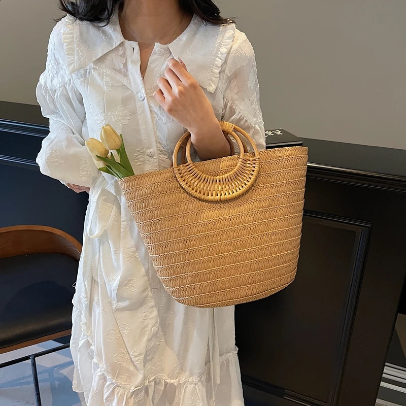 Straw Beach Handbag Handmade Woven Bag Raffia Rattan Tote Women Bohemian Summer Travel Bag Large Capacity Basket Shopping Ba 250530