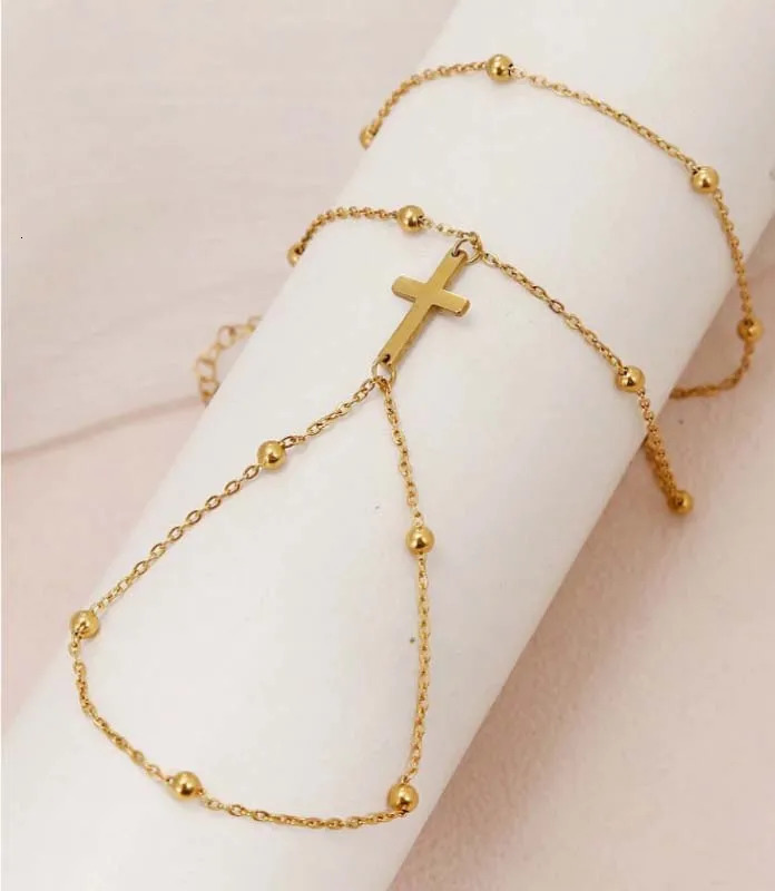 Fashion Metal Double Layer Cross Connected Finger Ring Bracelet for Women Simple Gold Color Bead Link Chain Hand Bangles Jewelry 250528
