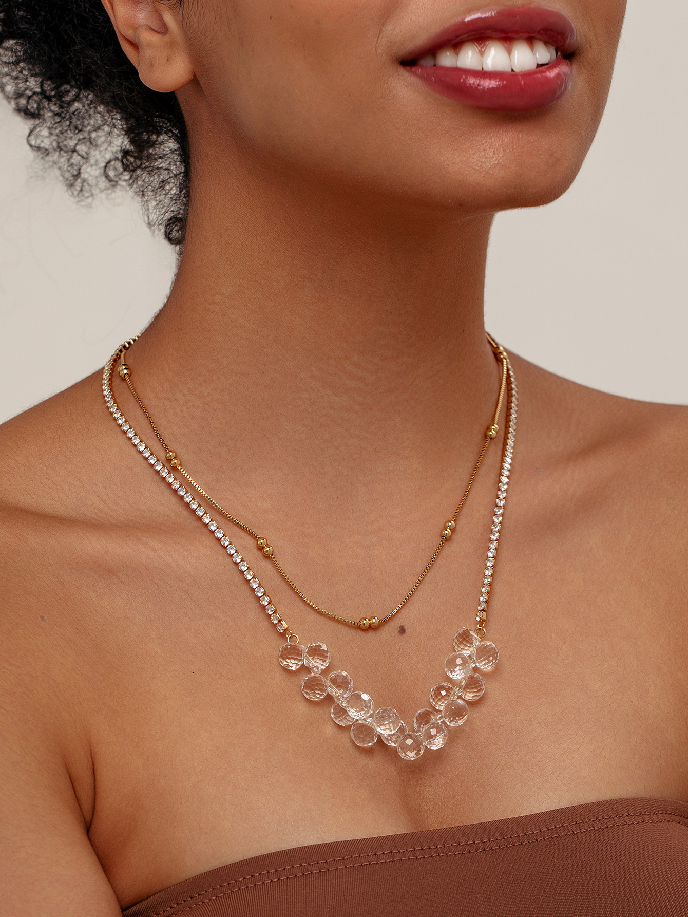 New White Crystal Double Layer Necklace Light Tennis Niche High-end Versatile Sweater Chain for Women