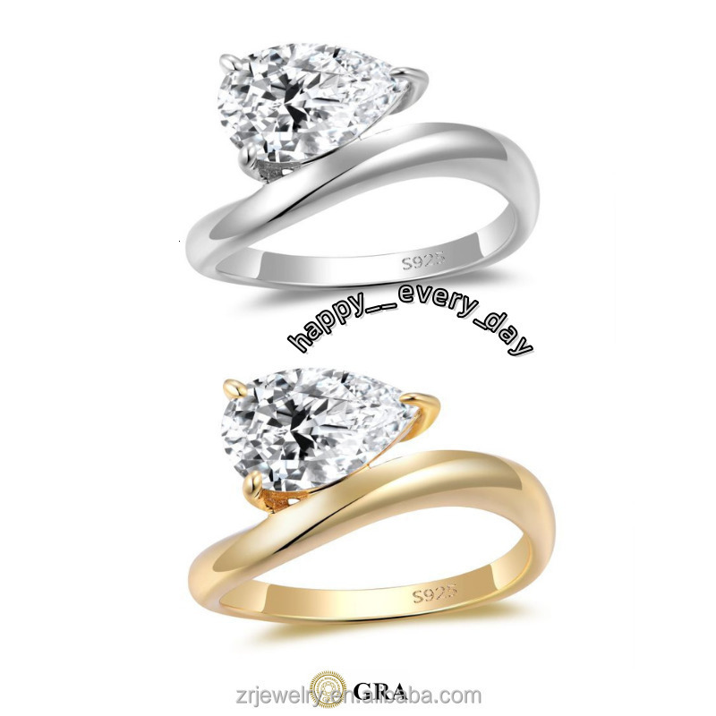 Moissanite 3ct Sterling Silver White Gold Plated Solitaire Pear Cut Wave Design Wedding Moissanite Ring