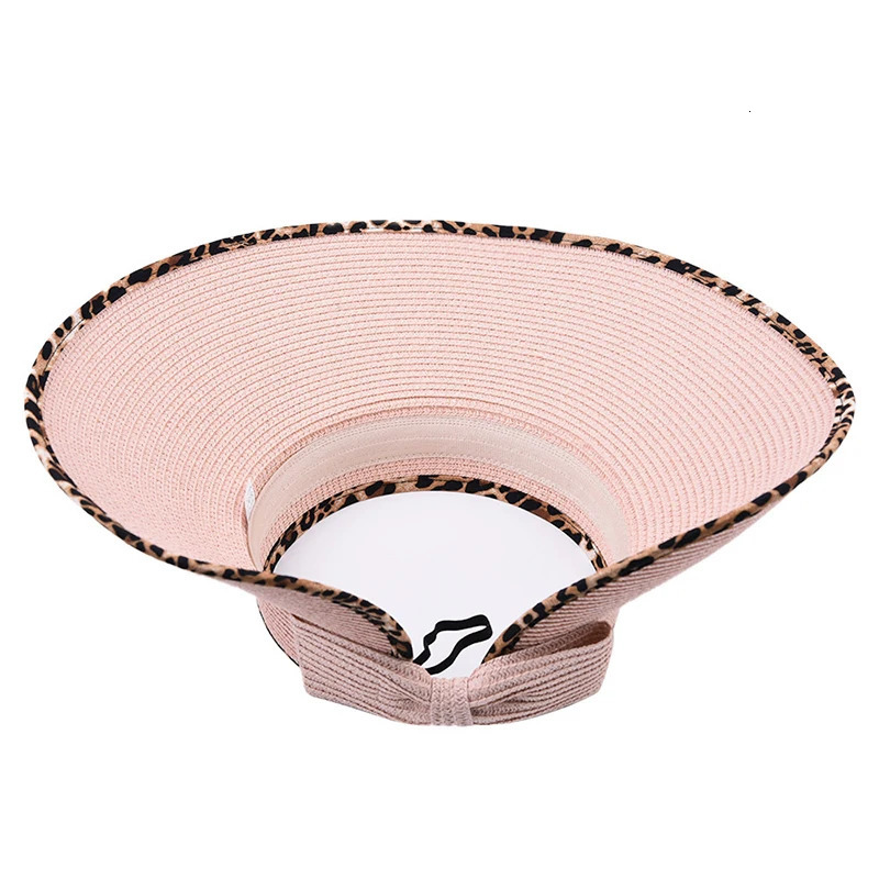 Women Summer Leopard Visors Hat Foldable Wide Large Brim Beachs Hats Outdoor Femme Bow Uv Protection Empty Top Straw Caps 250530
