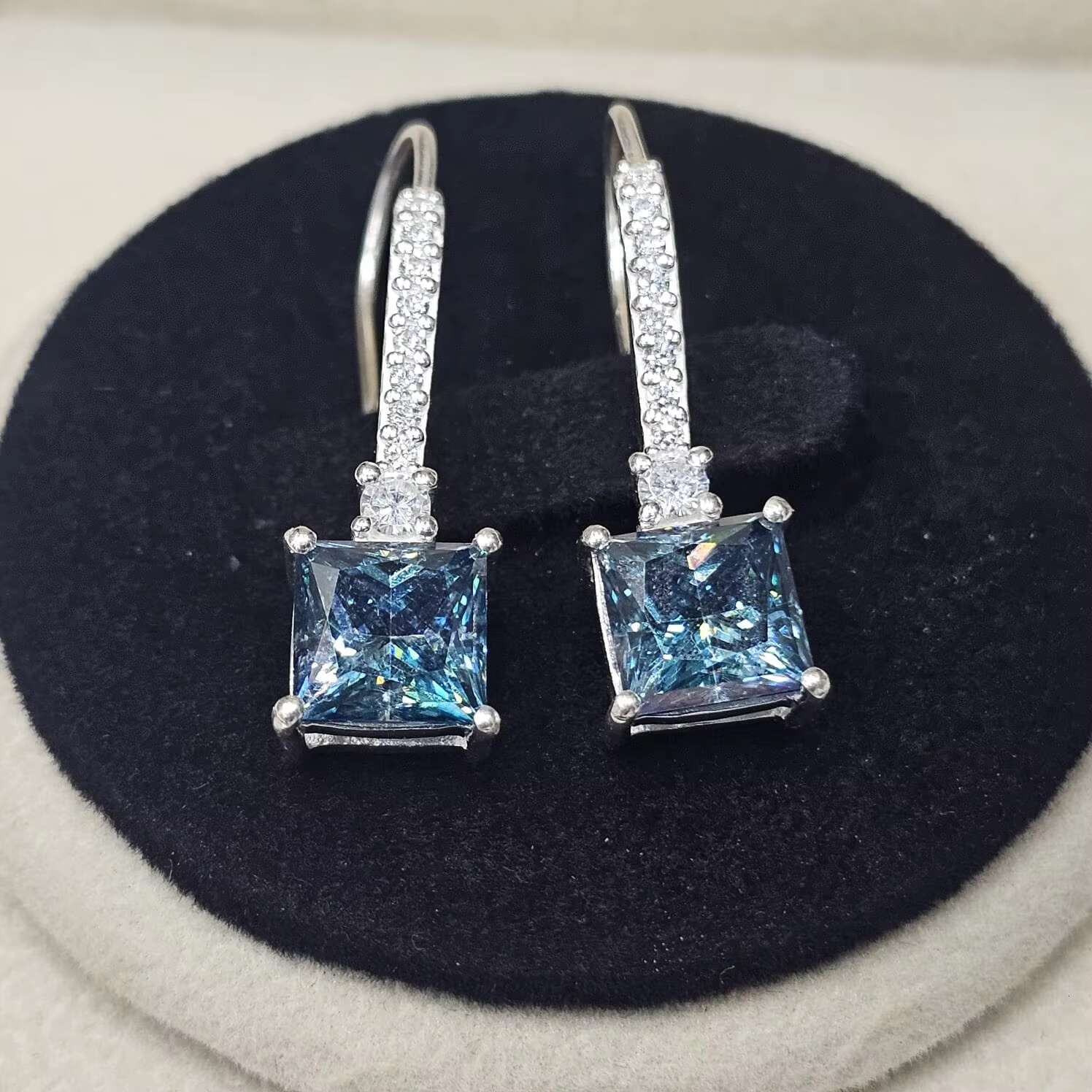Moissanite Original Fine Earrings 925 Sterling Silver Excellent Quality Latest Trendy Square Cut Blue Coated Moissanite Gemstone
