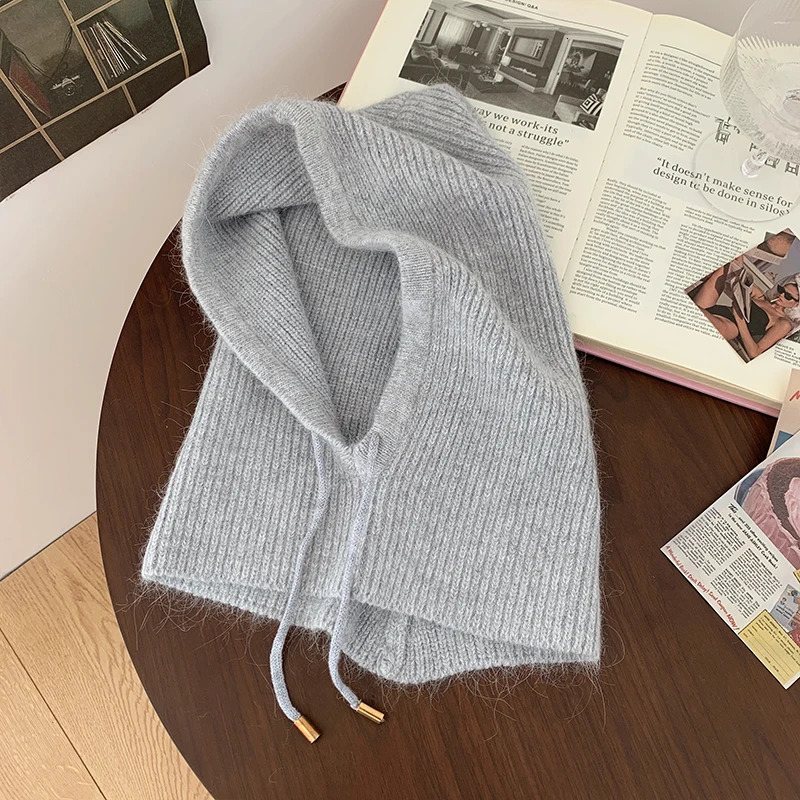 Winter Rabbit Hair Knitted Scarf Hood Hat Women Cashmere Warm Beanie Unisex Balaclava Bib Skiing Outdoor Wool Bonnet 250530