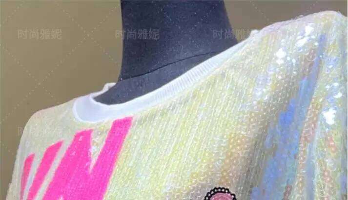 2025 Summer Women's Hip Hop Cartoon Print Loose Sequined Tops Y2k Short Sleeve Round Neck Night Club Long T-shirt Women