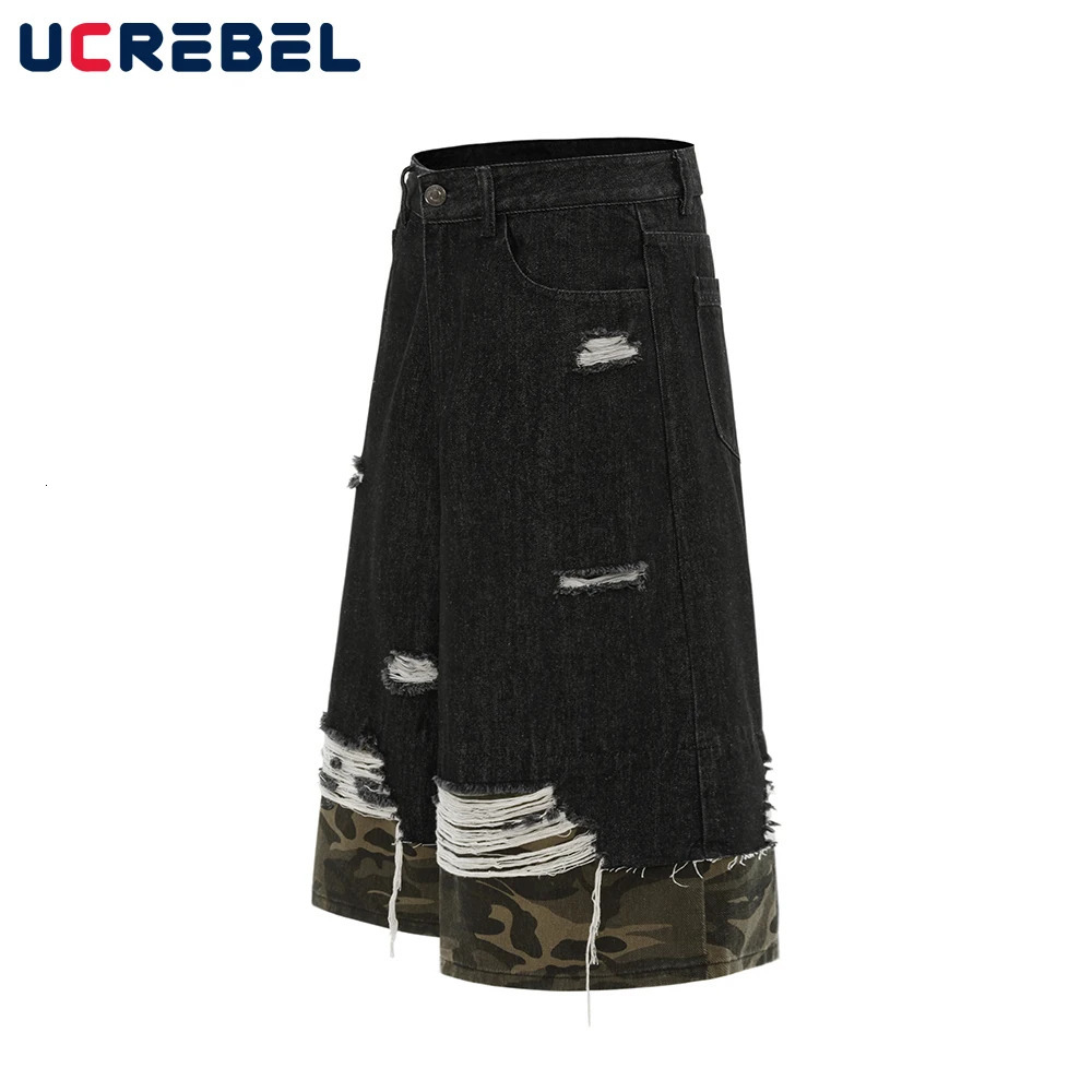 Ripped Patchwork Denim Shorts Mens Pocket High Street Summer Loose Wide Leg Washed Distressed Short Jeans 250528