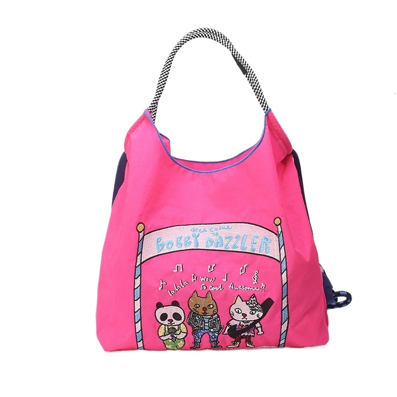 designer Japanese Style Embroidered Eco-friendly Tote Bag Large Ball&chain New Embroidered Cat Band Casual Cartoon Nylon