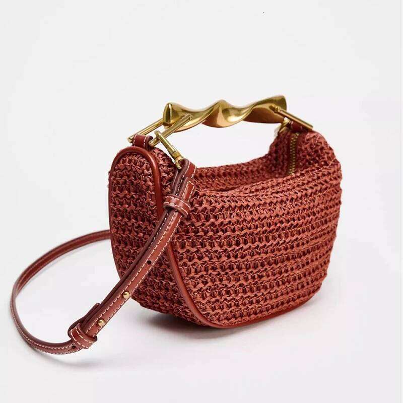 Summer Rattan Woven Crossbody Shoulder Bag,Half-Moon Beach Tote Bag,Women Designer Purse,Casual Metal Handle Straw Handbag