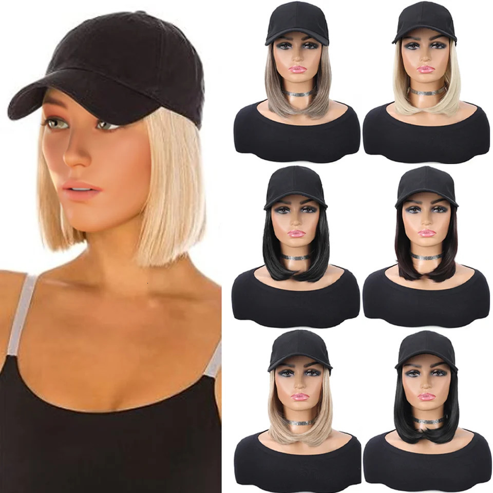 Baseball Cap with Synthetic Hair Extensions Straight Short Bob Hairstyle Adjustable Removable Wig Hat 10 inch for Woman Girl 250530