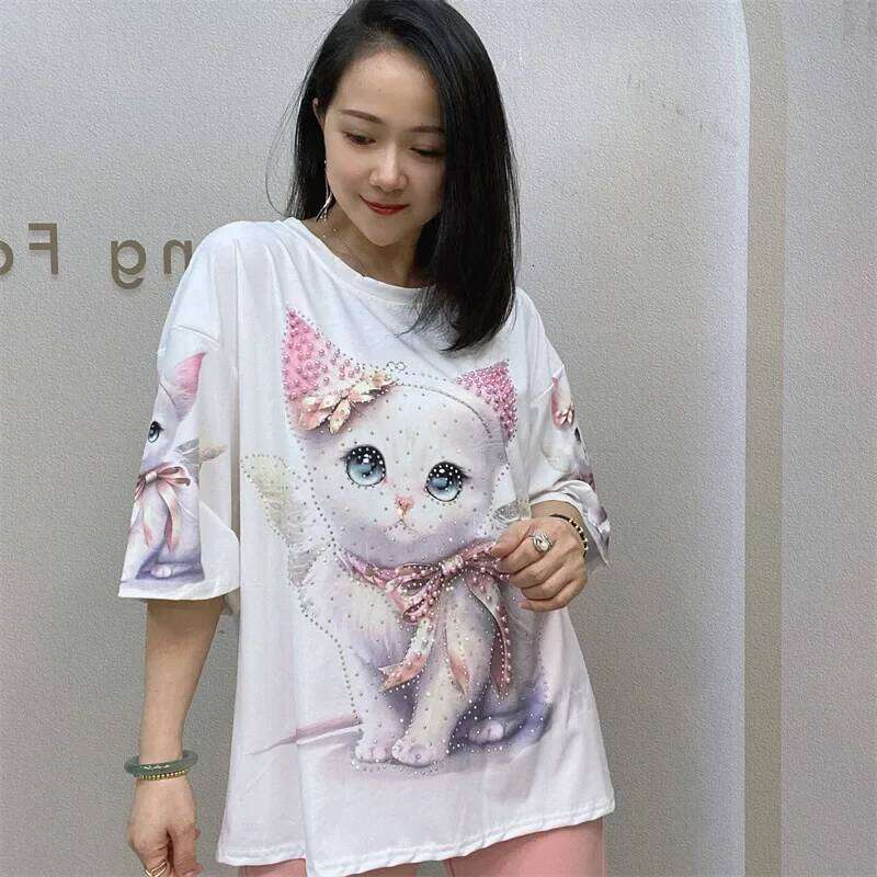 2024 Fashion Printed T Shirts for Women Summer Clothes Casual Cartoon Pattern Hot Dias Beading Female Short Sleeve Tops Tee