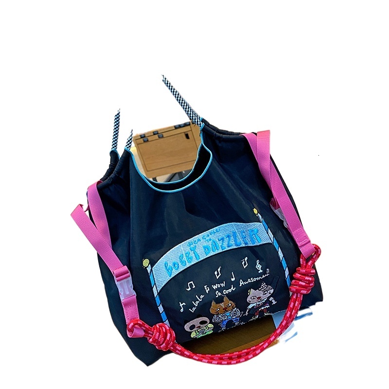 designer Japanese Style Embroidered Eco-friendly Tote Bag Large Ball&chain New Embroidered Cat Band Casual Cartoon Nylon