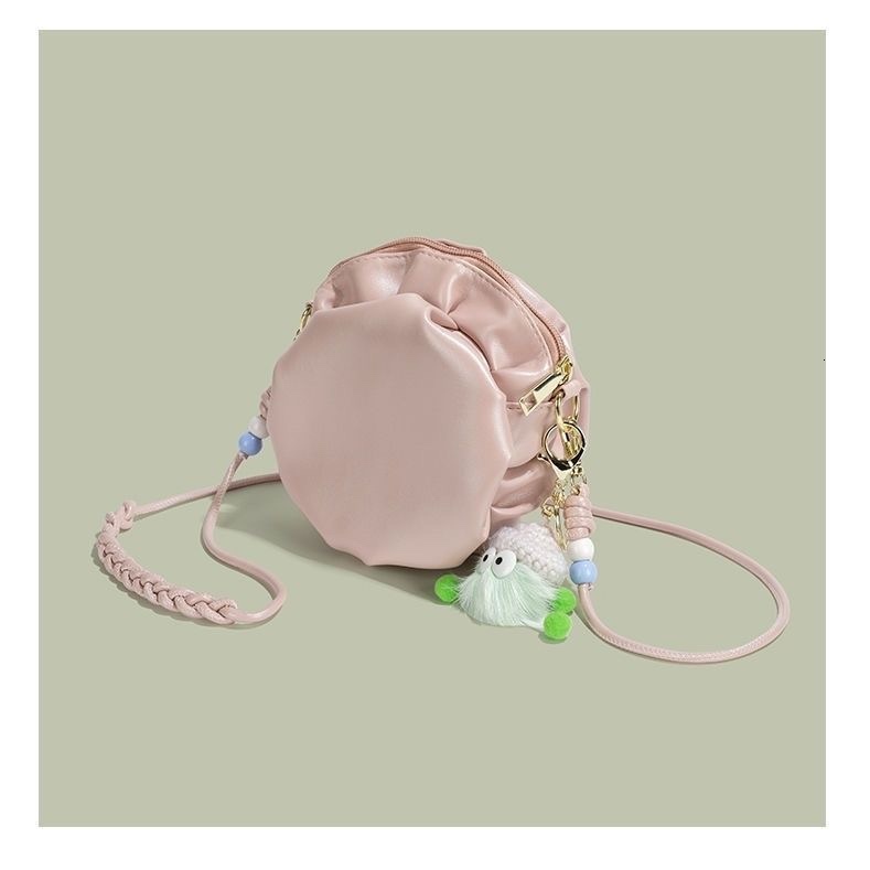 Cute girl fashion pleated leather small round bag for women s summer new single fashion shoulder crossbody bag designer women s single shoulder bag