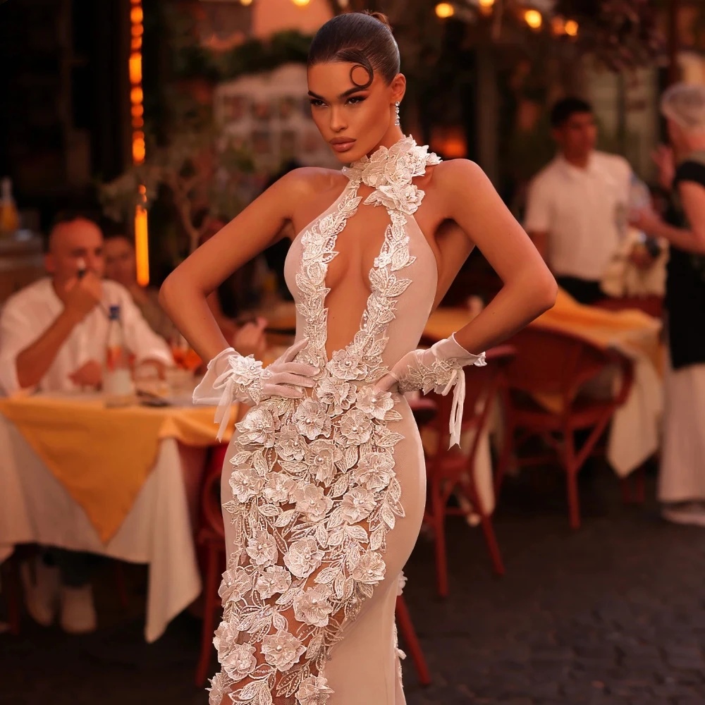 Sexy Mermaid Wedding Dress High Collar Sleeveless Bridal Gowns 3D Appliques Sweep Train Dresses Custom Made vestidos de novia