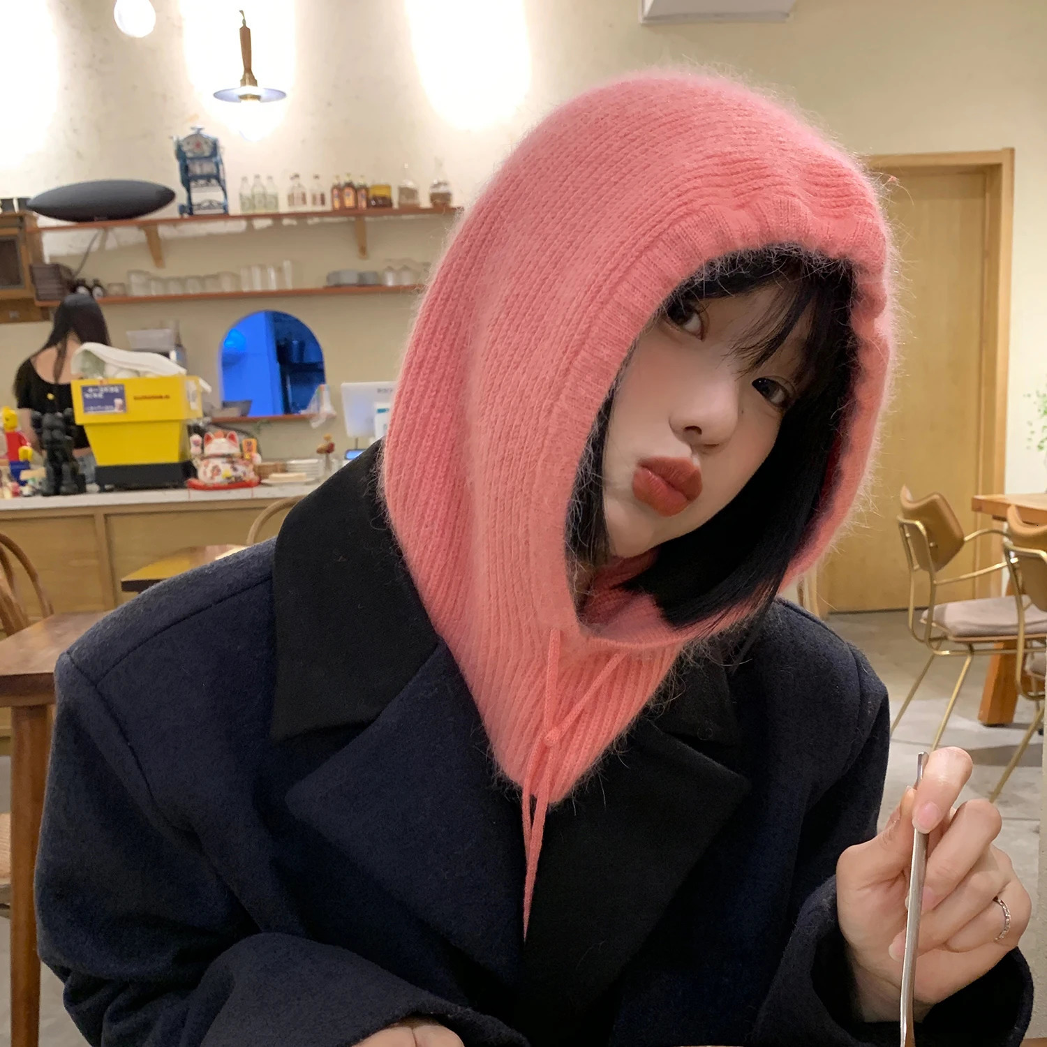 Winter Rabbit Hair Knitted Scarf Hood Hat Women Cashmere Warm Beanie Unisex Balaclava Bib Skiing Outdoor Wool Bonnet 250530