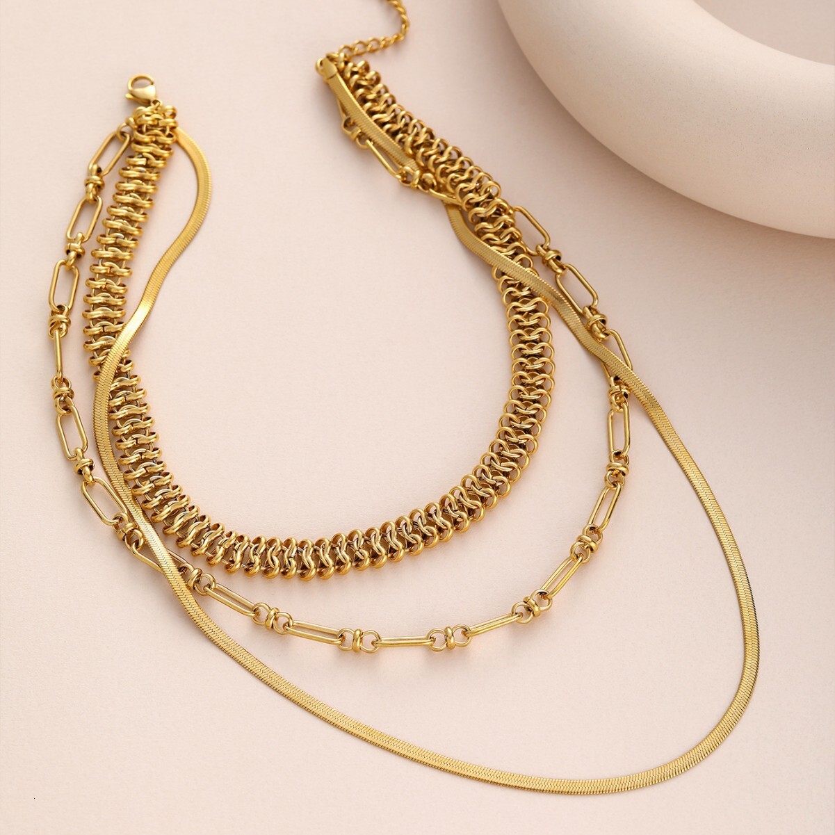 Round Wrinkle Multi-layer Daily Versatile Stainless Steel Geometric Patchwork Gold-plated Women's Jewelry Necklace