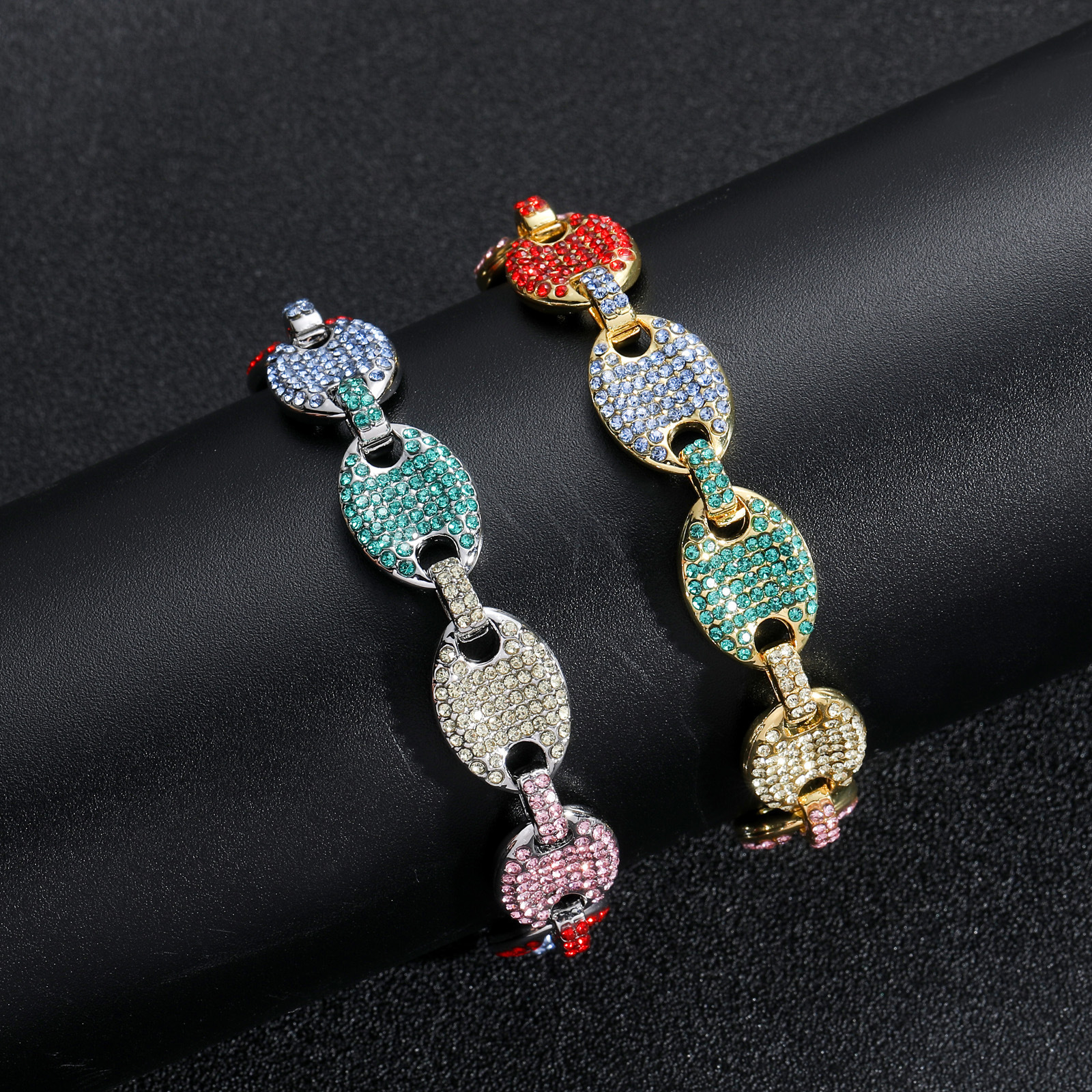 Bracelet male hip hop 12mm pig nose chain color diamond coffee bean Bracelet hip hop accessories moissanite