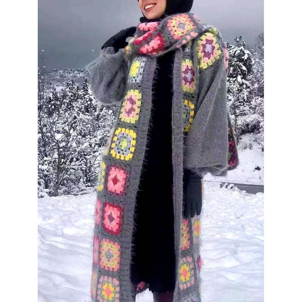 Gypsylady Handmade Kintted Long Multicolor Crochet Women Winter Cardigan Gray Pink Sweater Outerwear Coat