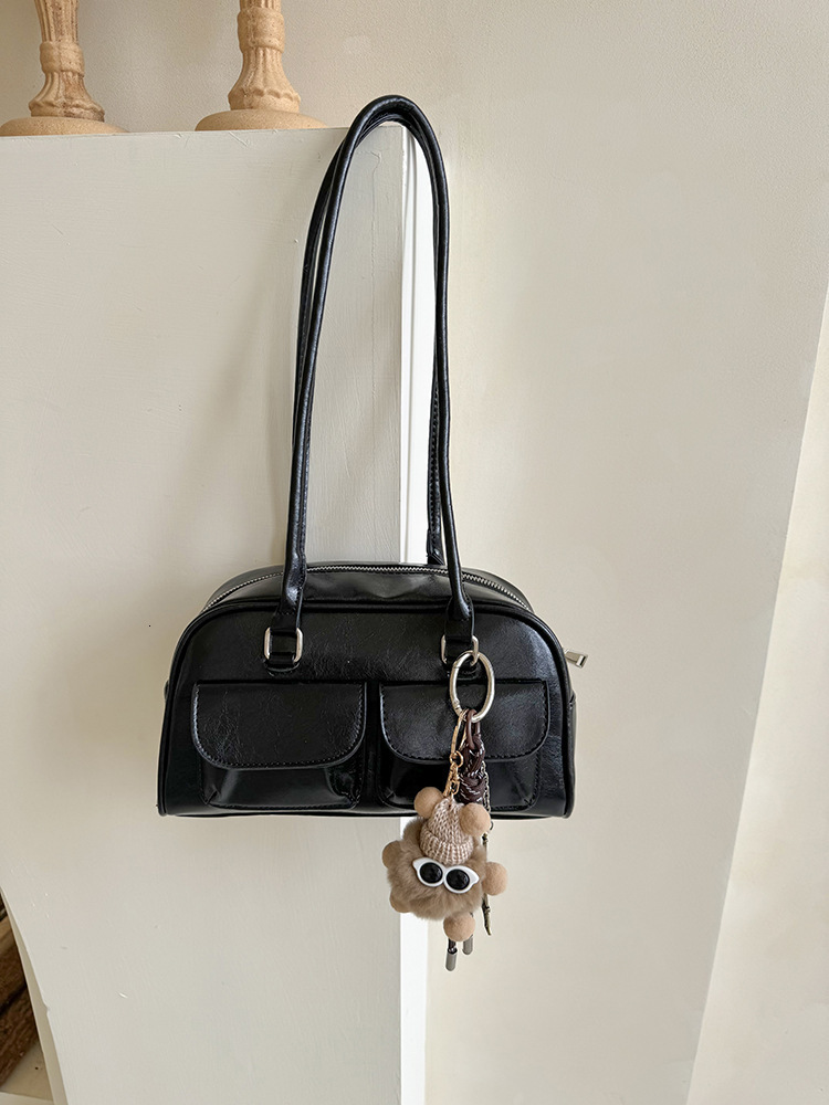 designer Korean Hyunjin Seo Yoon-jung Same Style Oil Wax Leather Bowling Bag Multi-pocket Underarm Bag Commuter Handbag Shoulder Bag