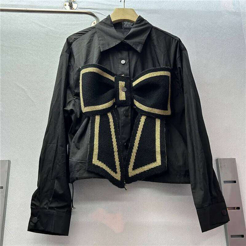 DEAT Women's Shirt Loose Patchwork Knitted Bow Single Breasted Solid Color Short Casual Blouse Summer 2025 New Fashion 29L9109