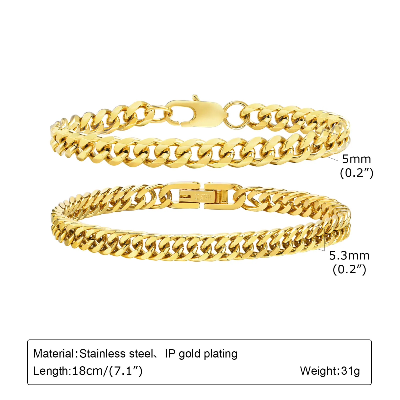 Vnox 2 pieces Cuban Chain Bracelets for Women Men Gold Plated Unisex Stainless Steel Curb Links Wristband Stacked Bracelet 250530