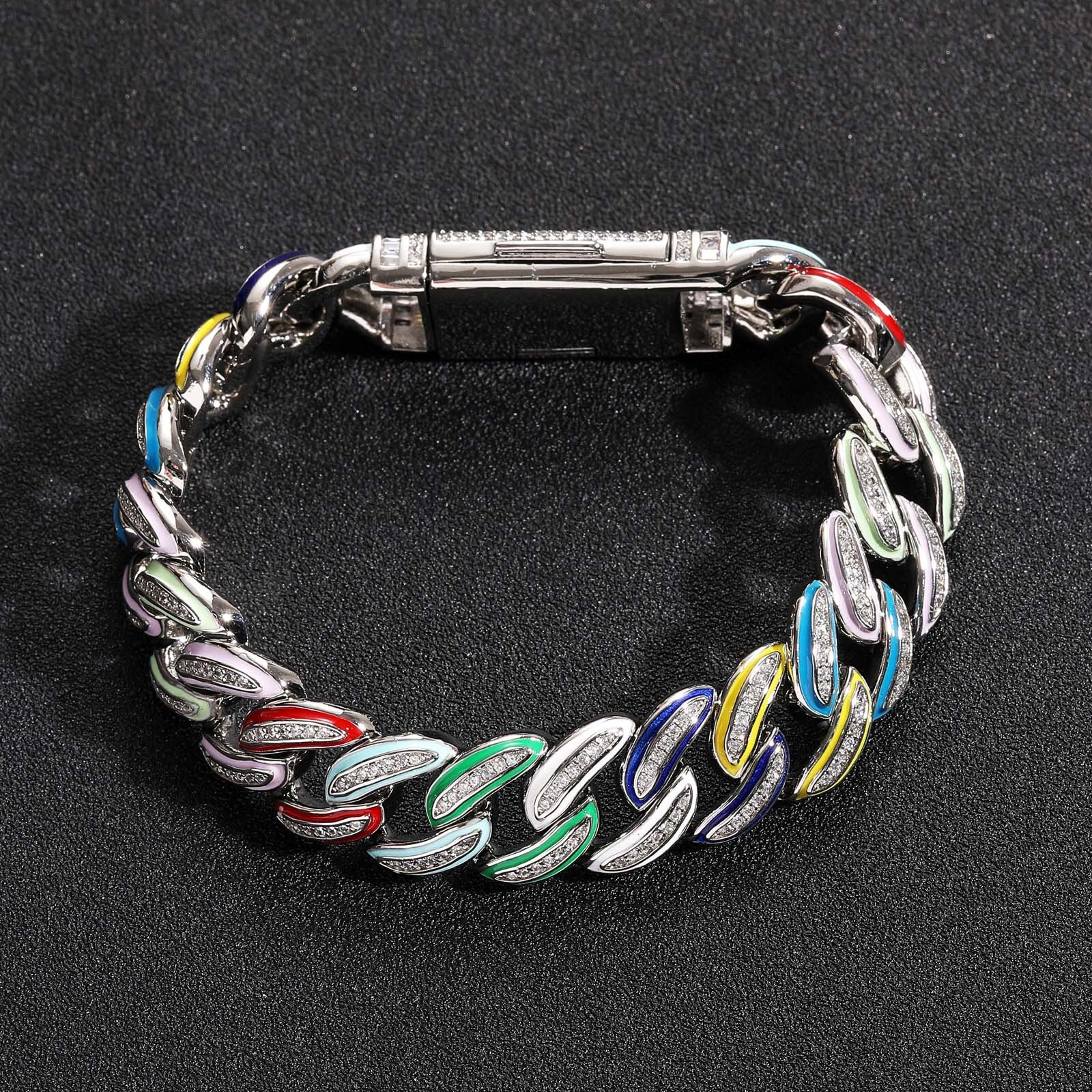 Hip Hop Meisa New 15mm Colorful Oil Drip Cuban Chain High-end Copper Inlaid Moissanite Trendy Bracelet Niche Jewelry moissanite