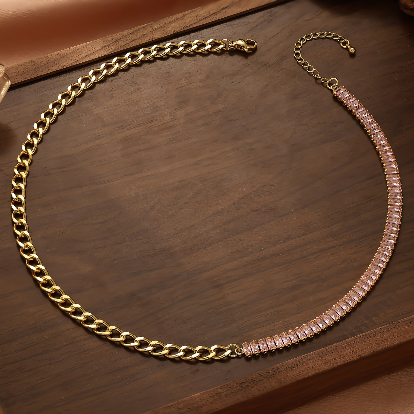 Minimalist Emerald Zircon Polished Cuban Necklace Simple Elegant Titanium Steel Vacuum Bracelet for Women